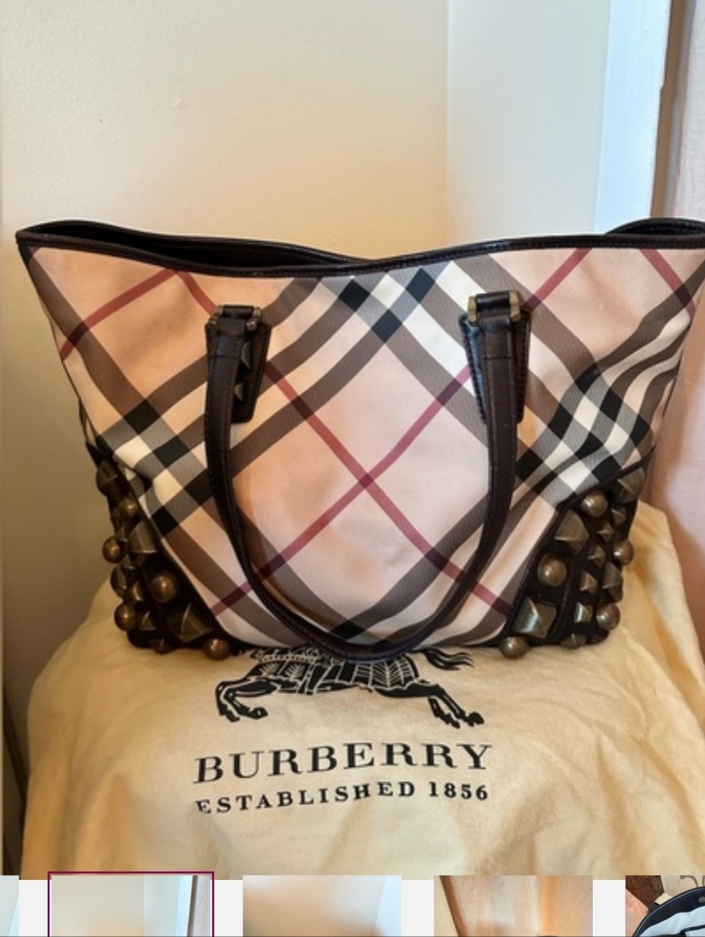 Burberry Beige Plaid Tote with Black Leather Handles and Gold Studs - Picture 1 of 13